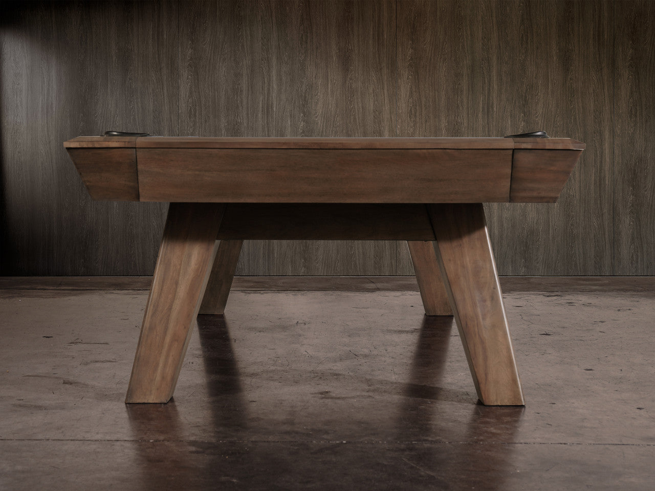 Nixon Billiards Nixon Desyn 8' Slate Pool Table in Walnut Finish, shown with angled legs.