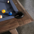 Close-up of Nixon Desyn 8' Slate Pool Table corner in walnut by Nixon Billiards, blue felt.
