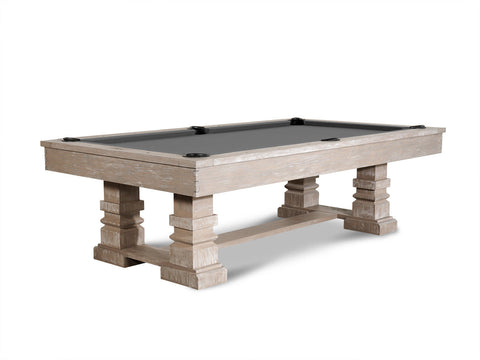Nixon Billiards' Huck 8' Slate Pool Table in Grey White Oak with black felt and carved legs.