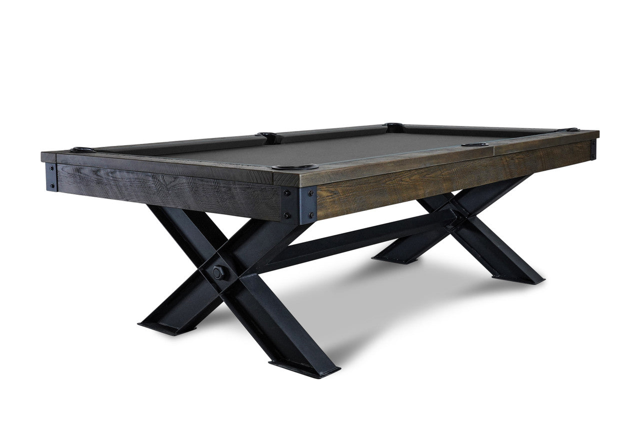 Nixon Portland 8' slate pool table in barnwood finish with dining top option by Nixon Billiards.