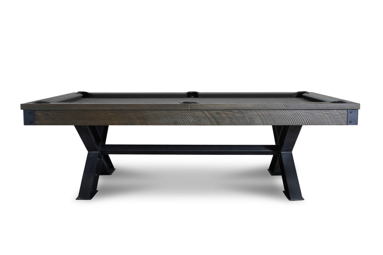 Nixon Portland 8' Slate Pool Table by Nixon Billiards in barnwood finish, side view.