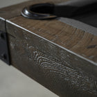 Close-up of Nixon Portland 8' Pool Table by Nixon Billiards in Barnwood finish with metal bracket.