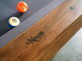 Close-up of Nixon Presli 8' Slate Pool Table in Native Acacia by Nixon Billiards with balls 5, 10.