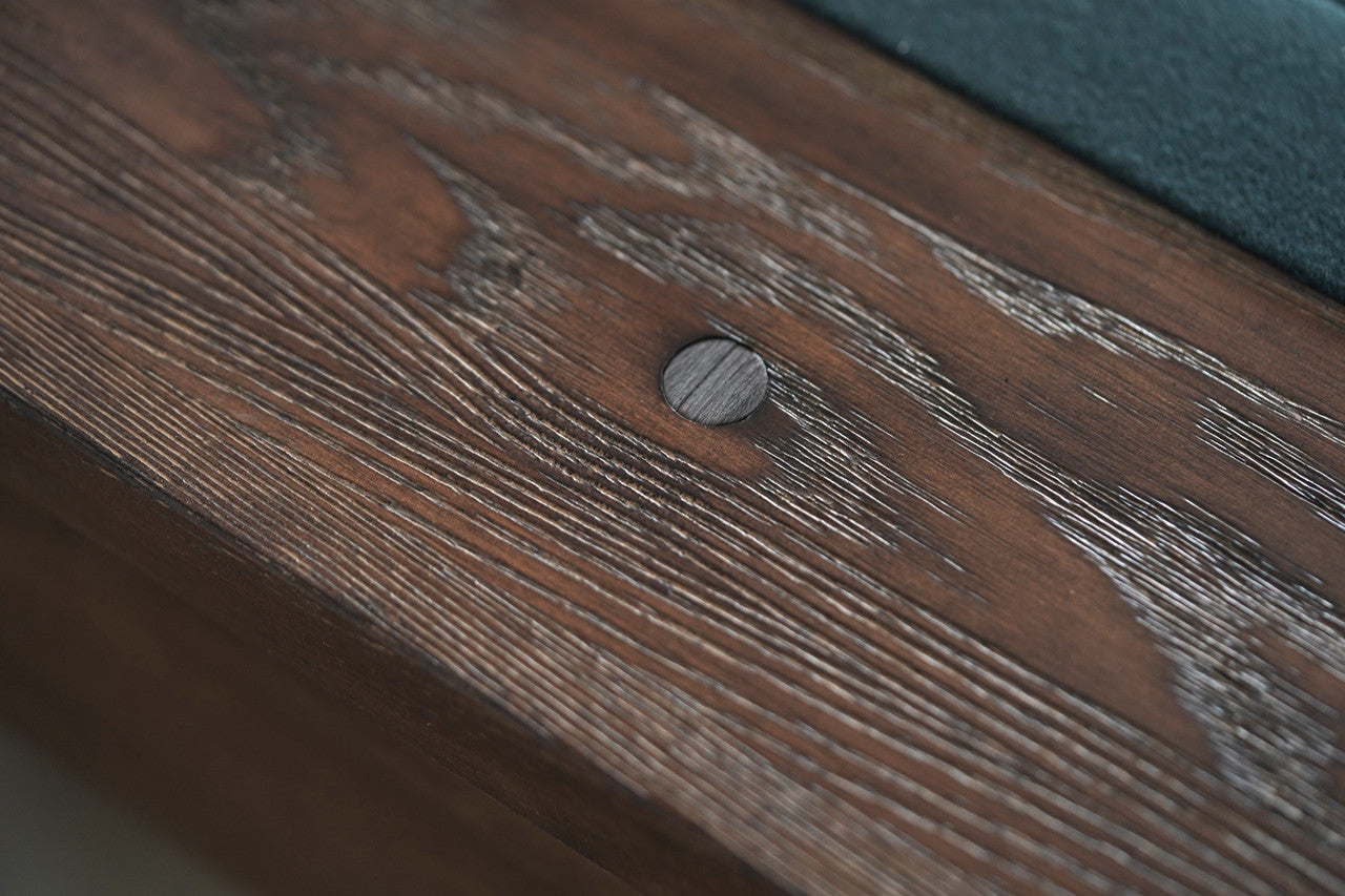 Close-up of Nixon Billiards Nixon Hunter 7' Slate Pool Table in Brushed Walnut finish.