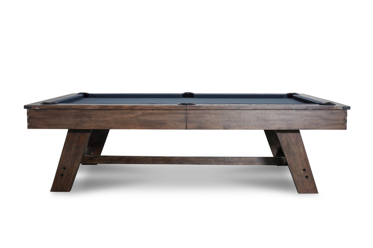 Nixon Hunter 7' Slate Pool Table in Brushed Walnut Finish, side view on white background.