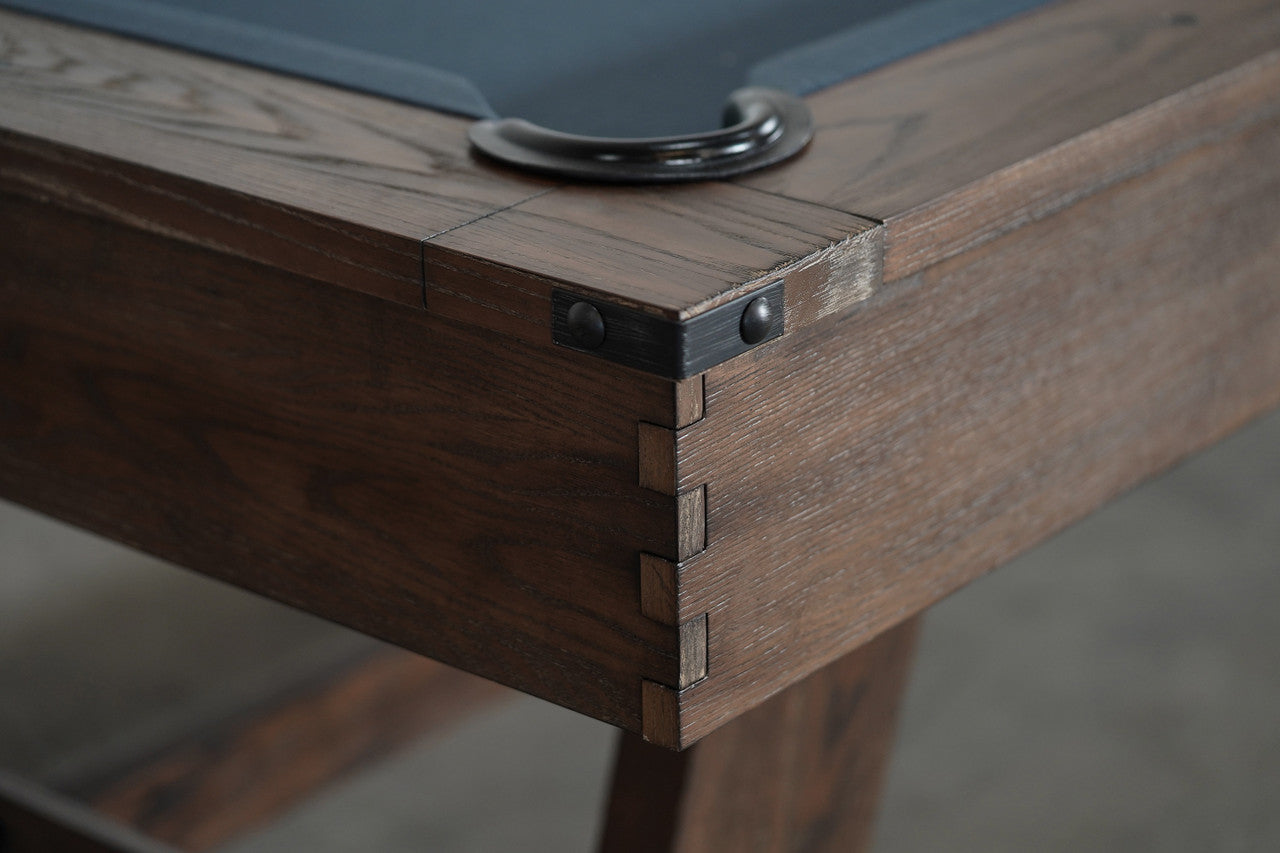 Close-up of Nixon Hunter 7' Slate Pool Table in Brushed Walnut by Nixon Billiards, showing joints.