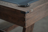 Close-up of Nixon Hunter 7' Slate Pool Table in Brushed Walnut by Nixon Billiards, showing joints.