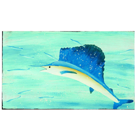 RAM Game Room Sailfish Wall Art Sign: blue sailfish in turquoise water, UV protected outdoor decor.
