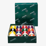 Aramith Premier 2 1/4-in. Belgian Ball Set in rows, box lid partially open behind.