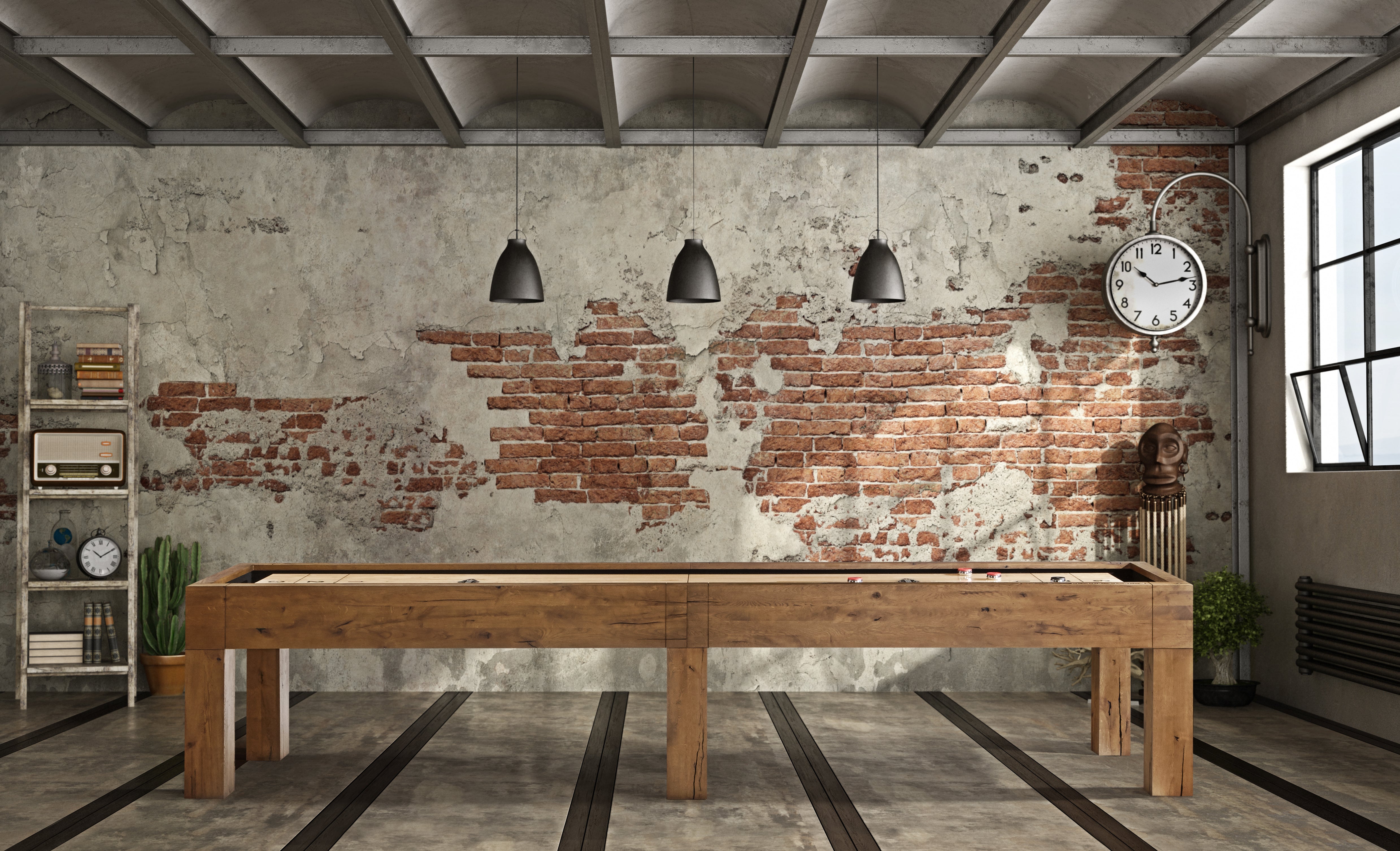 Brunswick Billiards Parsons 12' Shuffleboard Table adds style to any industrial loft with vintage decor.