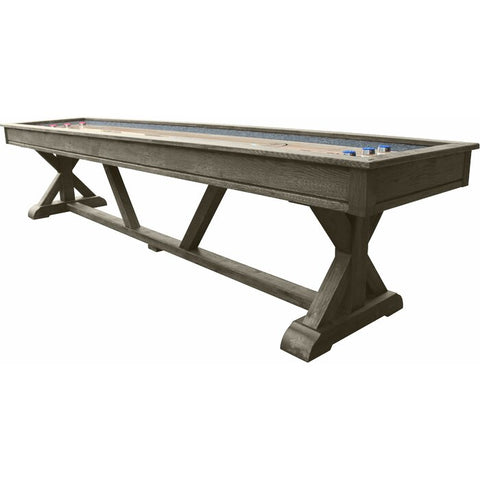 Playcraft Brazos River 12' Pro-Style Shuffleboard Table in Weathered Gray with pucks on top.