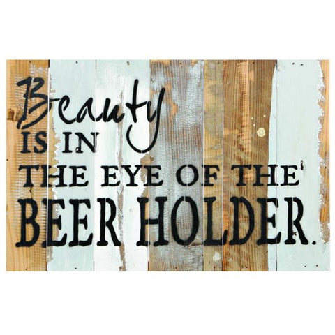 RAM Game Room sign: "Beauty Is in The Eye of The Beer Holder" humorous wall decor.