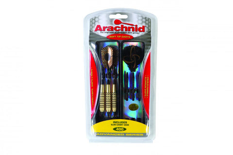 Arachnid SFA400 Soft Dart Set: brass knurled barrels in a slim carry case.