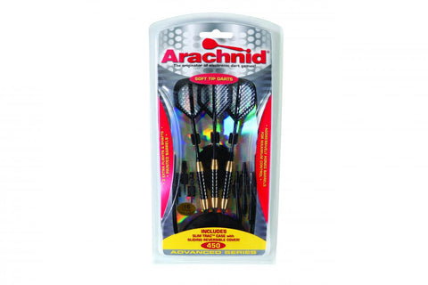 Arachnid SFA450 Soft Dart Set with painted brass barrels in clear plastic packaging.