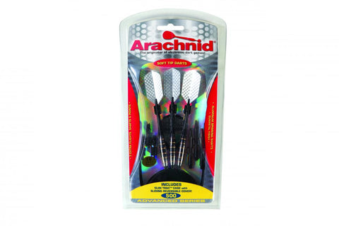Arachnid SFA500 Soft Dart Set with aluminum shafts in a clear SlimTrac case.