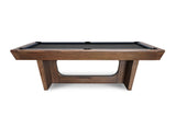 Nixon KAI 8' Slate Pool Table in Walnut by Nixon Billiards, shown with dark felt and side view.