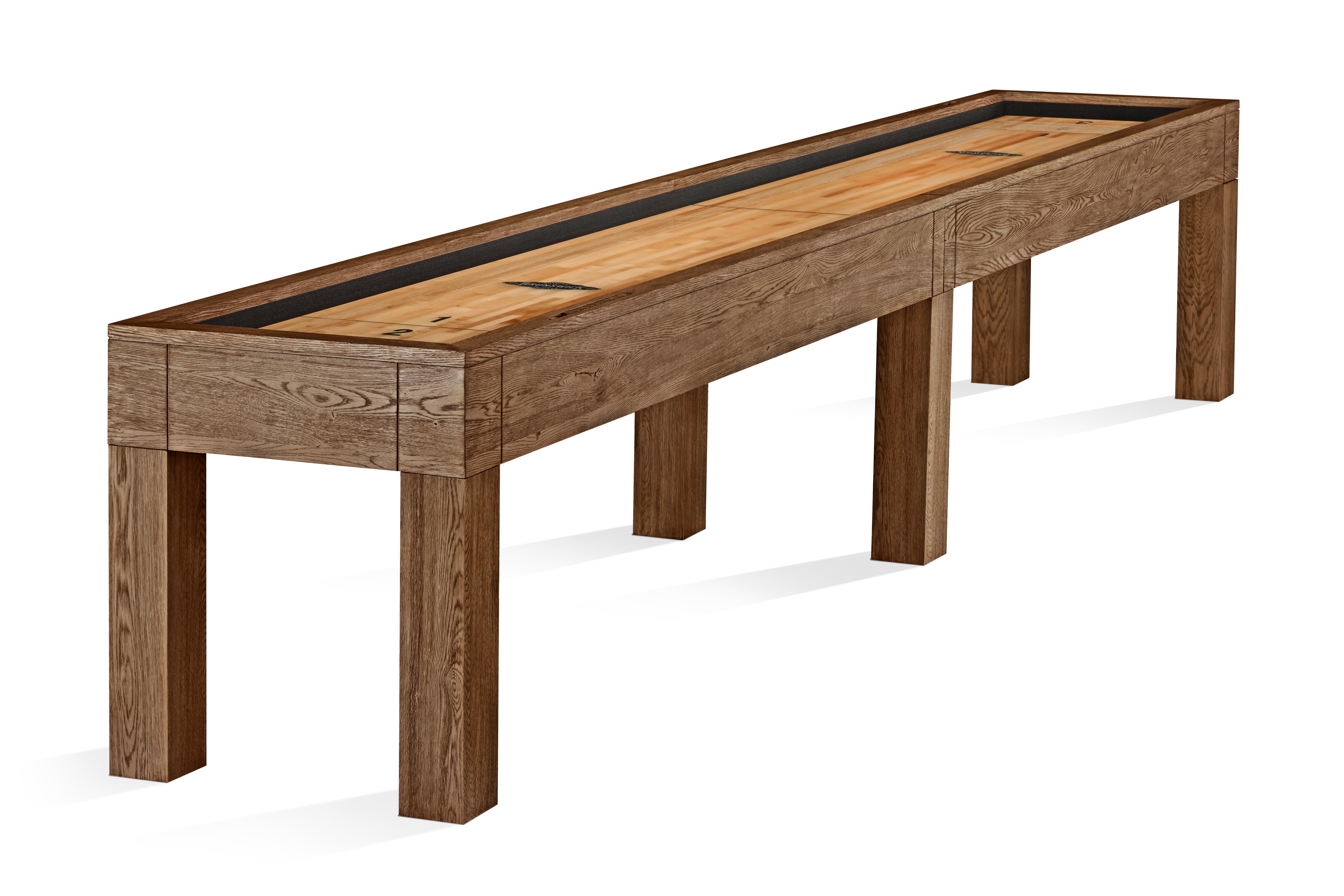 Brunswick Billiards Sanibel 14' Rustic Dark Brown shuffleboard with maple hardwood playfield.