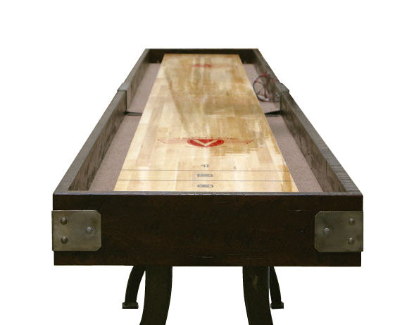 Venture Williamsburg 12' Shuffleboard Table with scoring zones, viewed from one end.