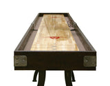 Venture Williamsburg 12' Shuffleboard Table with scoring zones, viewed from one end.