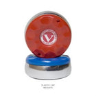 Two round plastic cap weights for Venture Grand Deluxe 18' Shuffleboard Table, stacked.
