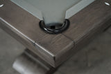 Close-up of a corner pocket on the Nixon Birdy 8' Slate Pool Table in Grayson Grey.