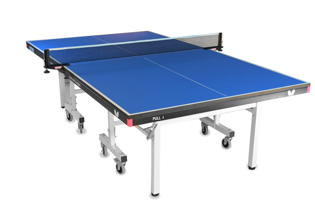 Butterfly National League 25 table, blue with net, white folding legs, and wheels.