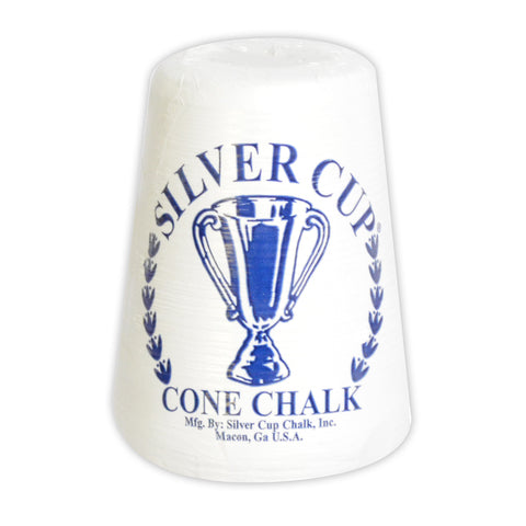 Carmelli Silver Cup Cone Talc Chalk, white with blue logo, ideal for smooth shooting.