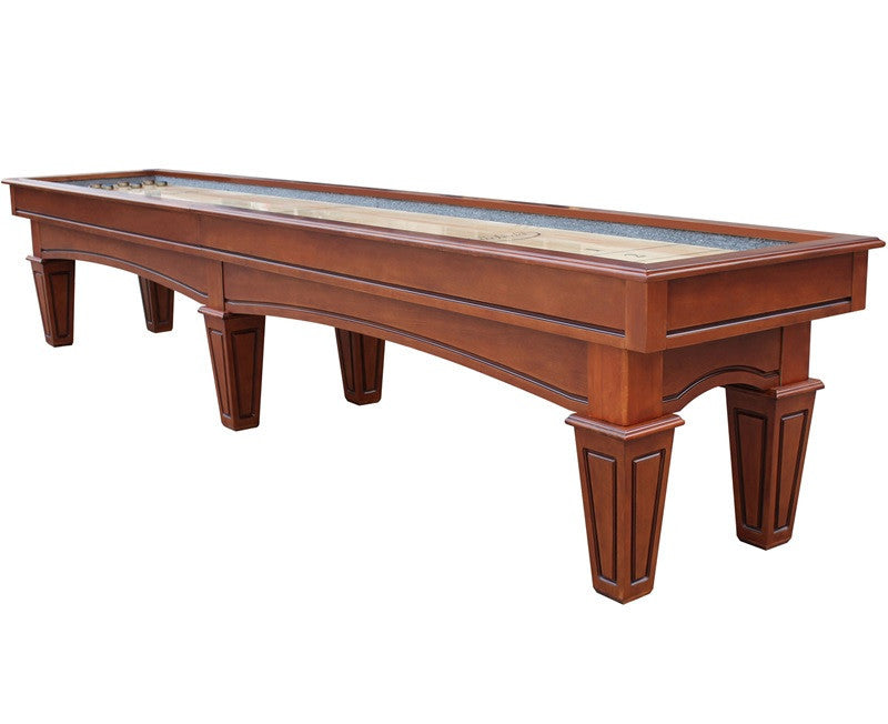 Playcraft St. Lawrence 16' Pro Shuffleboard Table in Chestnut, six legs, smooth maple surface.