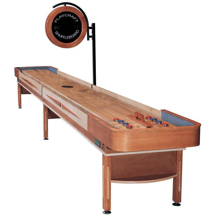 Playcraft Telluride 12' Pro Style Shuffleboard Table in Honey with optional Overhead Electronic Scoring