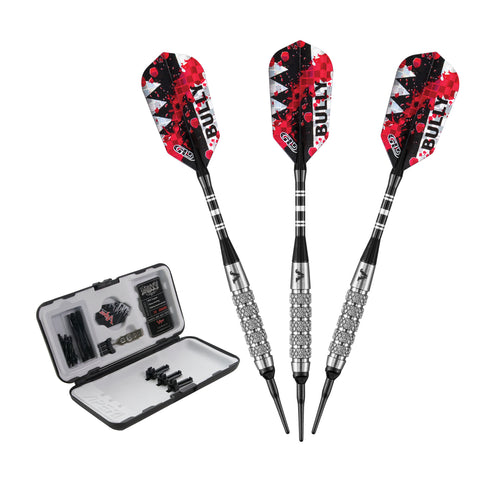 Three Viper Bully Tungsten Soft Tip Darts (18g) with spare parts and accessories in open case.