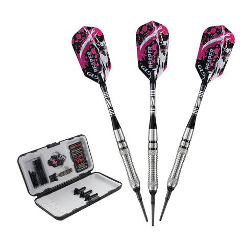 Three Viper Grim Reaper 18g soft tip darts with a case and accessories.