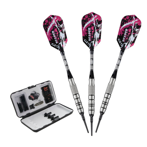 Three Viper Grim Reaper Tungsten Soft Tip Darts with pink flights beside an open case.