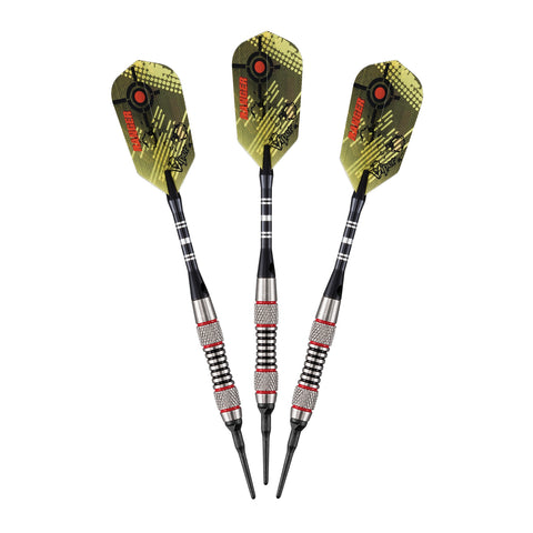 Three Viper Ranger Tungsten Soft Tip Darts with red rings are arranged upright.
