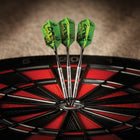 Three Viper Sidewinder tungsten soft tip darts are grouped in the bullseye of a dartboard.