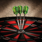 Three Viper Sidewinder tungsten soft tip darts are grouped in the bullseye of a dartboard.