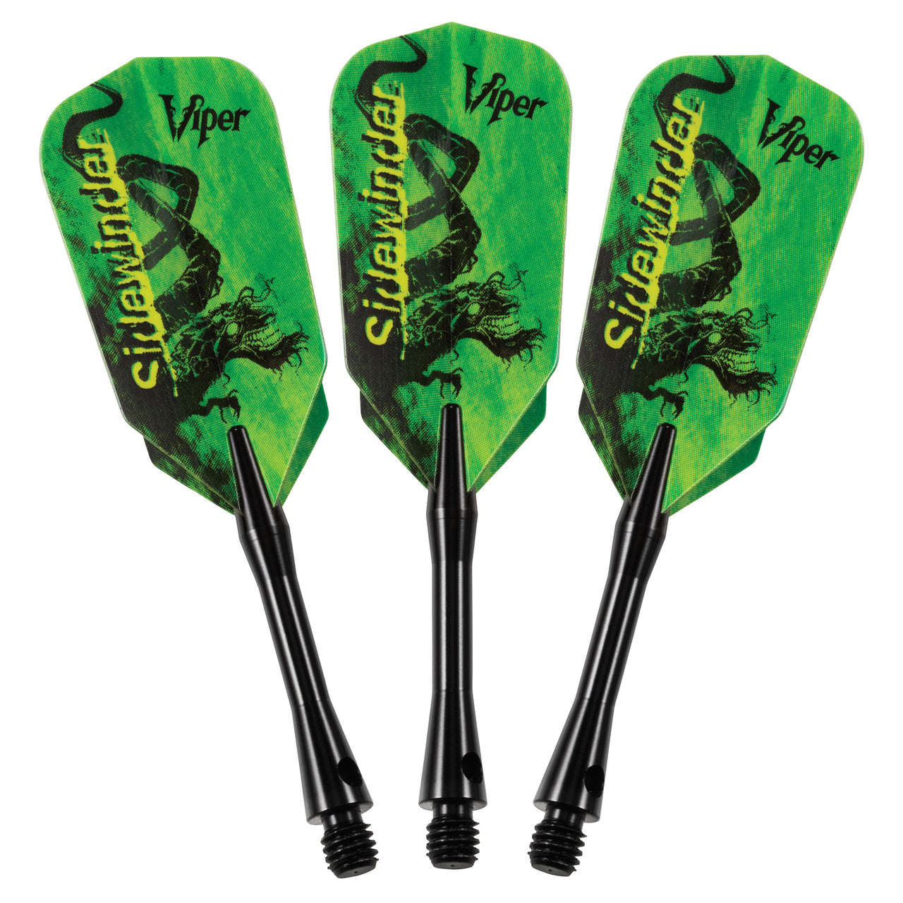 Three Viper Sidewinder Tungsten 18g soft tip darts with green flights for electronic boards.