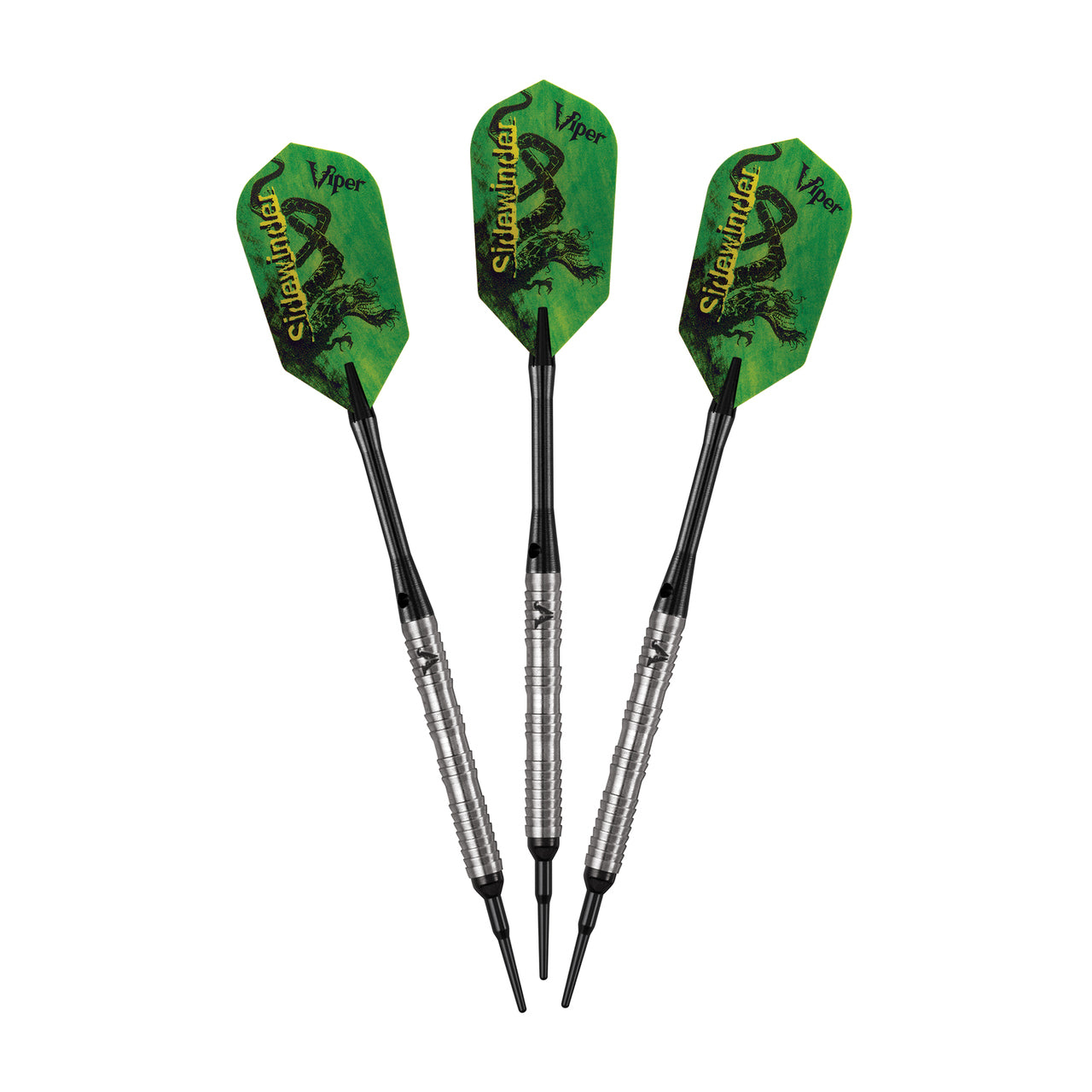 Three Viper Sidewinder Tungsten Soft Tip Darts, 18g, with shark fin barrels on white background.