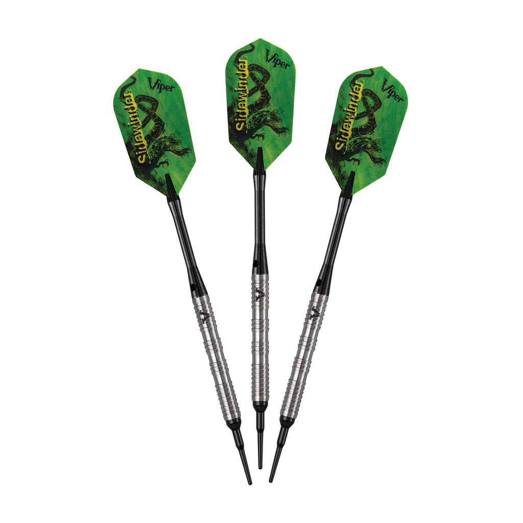 Three Viper Sidewinder Tungsten Soft Tip Darts, 18g, with shark fin barrels on white background.