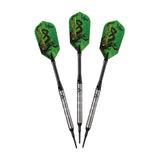 Three Viper Sidewinder Tungsten Soft Tip Darts, 18g, with shark fin barrels on white background.