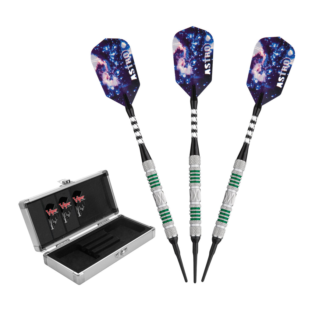 Three Viper Astro 18g Soft Tip Darts with galaxy flights next to a case with extra flights.