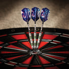 Three Viper Astro Tungsten Soft Tip Darts with green rings hit the bullseye of a dartboard.