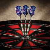Three Viper Astro Tungsten Soft Tip Darts with green rings hit the bullseye of a dartboard.