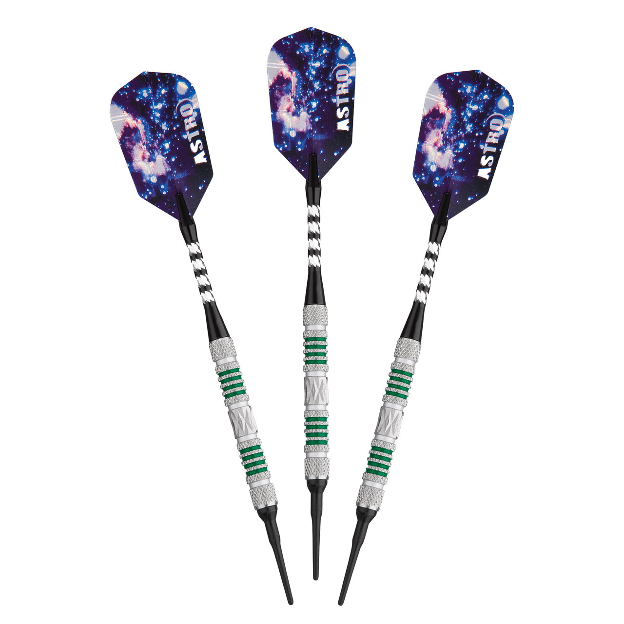 Three Viper Astro Tungsten Soft Tip Darts, 18g, with green rings and galaxy-themed flights.