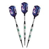 Three Viper Astro Tungsten Soft Tip Darts, 18g, with green rings and galaxy-themed flights.