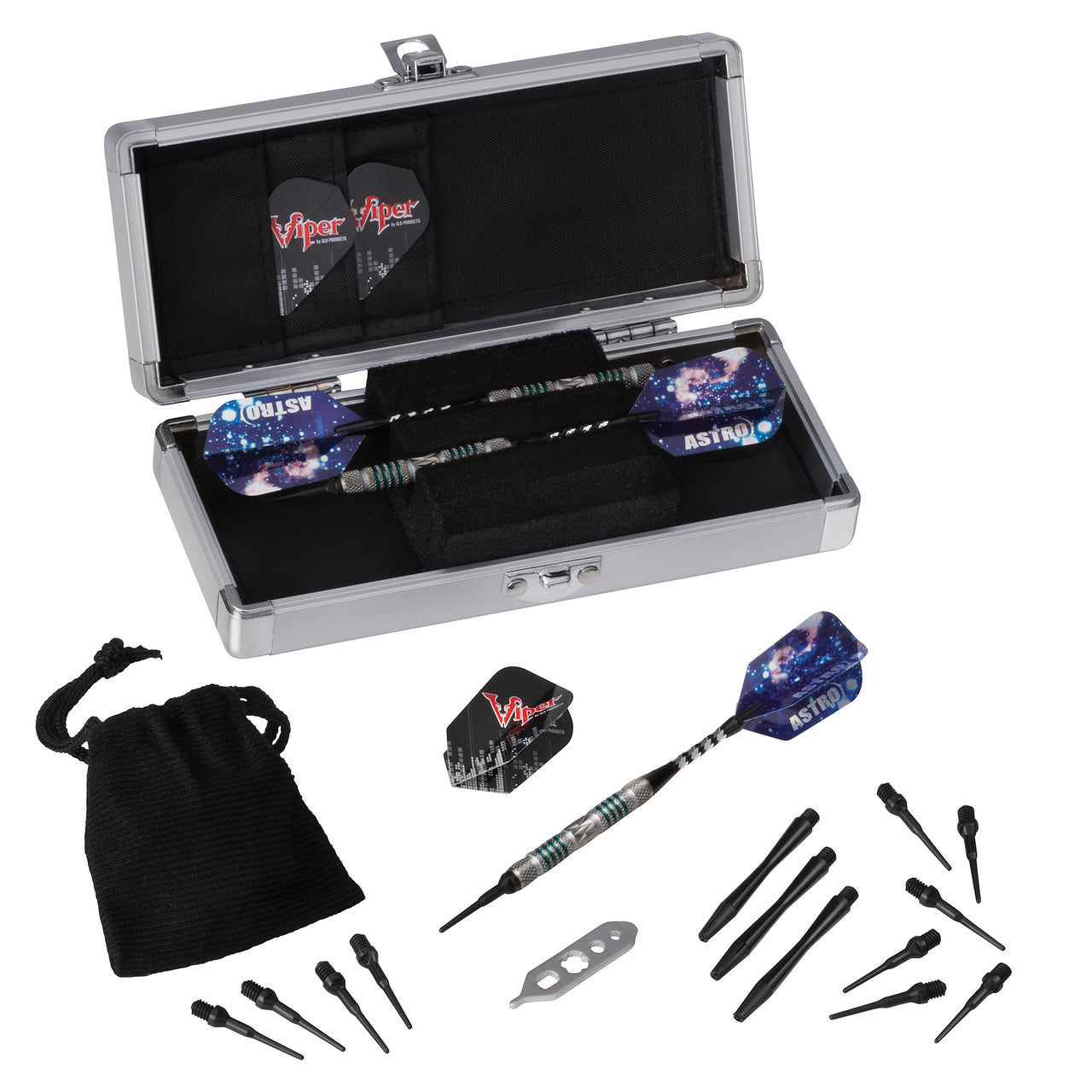 Viper Astro Tungsten Soft Tip Darts 18g, Green Rings, with tips, flights & case by Viper.