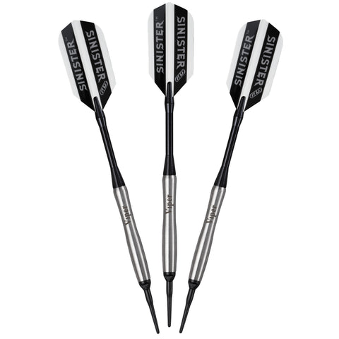 Three Viper Sinister Tungsten Soft Tip Darts, 18g, stand upright on a white background.