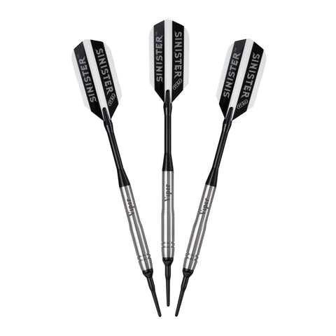 Three Viper Sinister Tungsten Soft Tip Darts, 18g, tips pointing downward.