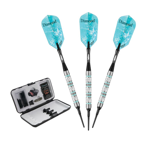 Viper Diamond 18g Soft Tip Dart Set with turquoise rings and accessories kit in open case.