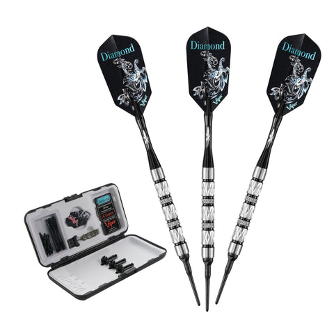 Viper Diamond 16g Tungsten Soft Tip Dart Set with black rings, case & accessories shown.