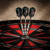 Viper Diamond Tungsten Soft Tip Darts hit the bullseye on a black and red dartboard.